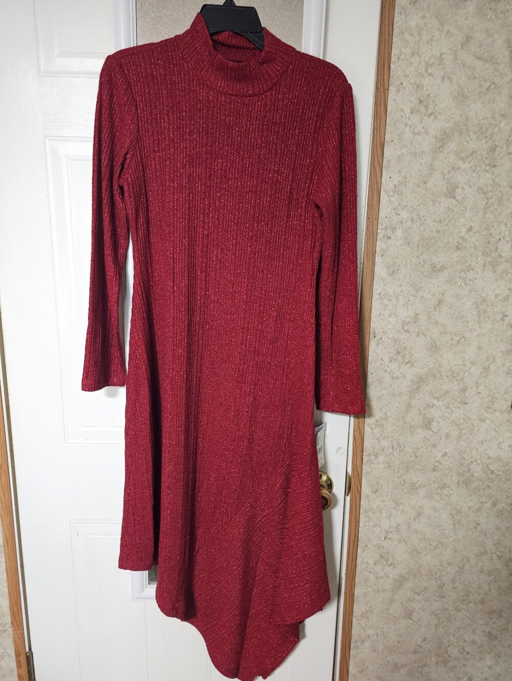 Maison Tara Sparkle Ribbed Turtleneck Midi Dress in Red